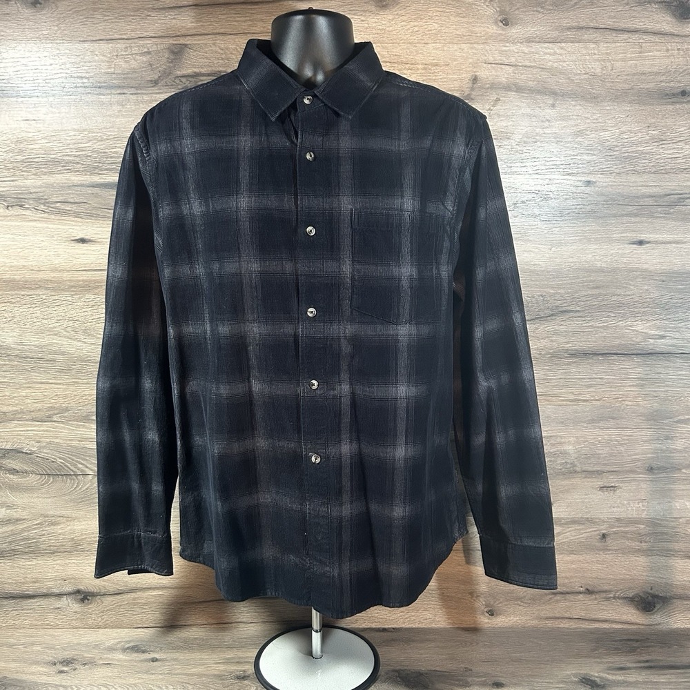 7 Diamonds Men Long Sleeve Corduroy Button Down Shirt Sz XL Gray Black‎ Plaid